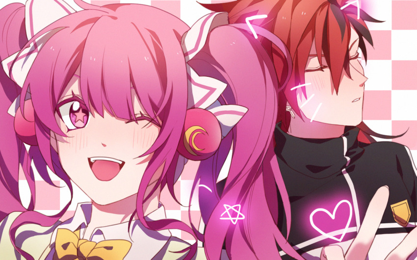 1boy, 1girl, aisha_landar, black_jacket, bow, bowtie, closed_eyes, elsword