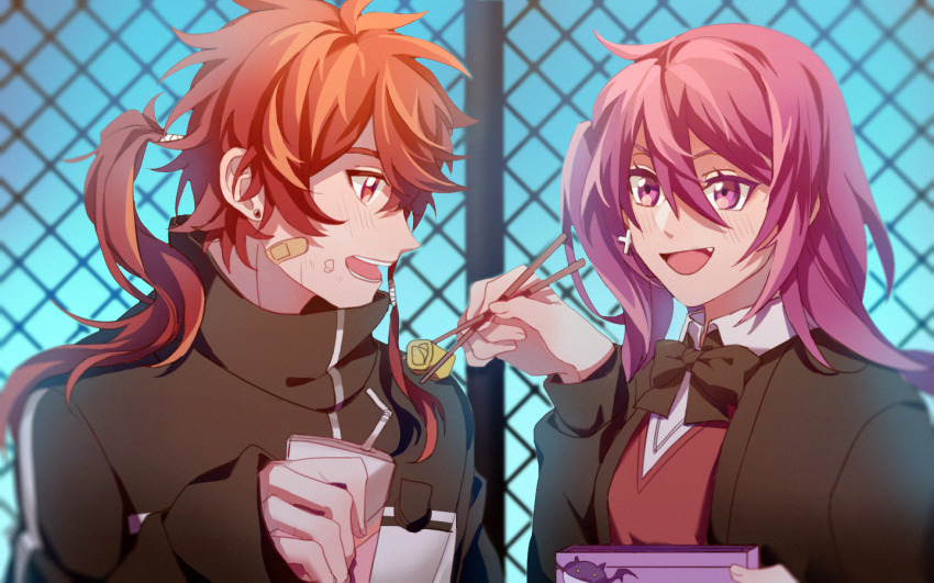 1boy, 1girl, aisha_landar, bento, black_bow, black_bowtie, black_jacket, bow, bowtie, collared_shirt, ear_piercing, earrings, elsword, elsword_(character), feeding, holding, holding_bento, jacket, jewelry, kat_0617, long_hair, long_sleeves, open_mouth, piercing, ponytail, purple_eyes, purple_hair, red_eyes, red_hair, red_vest, shirt, single_earring, upper_body, vest, white_shirt