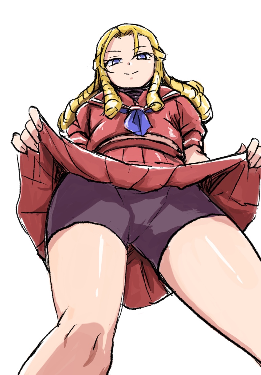 1girl, bike_shorts, bike_shorts_under_skirt, blonde_hair, blue_eyes, braid, capcom, closed_mouth