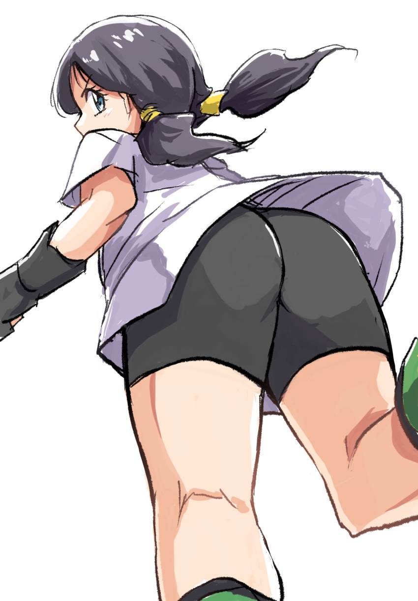 1girl, ass, bike_shorts, black_gloves, black_hair, black_shorts, blue_eyes, boots, dragon_ball, dragonball_z, female_focus, gloves, green_boots, highres, ikaringo_(ikaringo4444), looking_at_viewer, looking_back, shirt, short_hair, shorts, simple_background, solo, twintails, videl, white_background, white_shirt