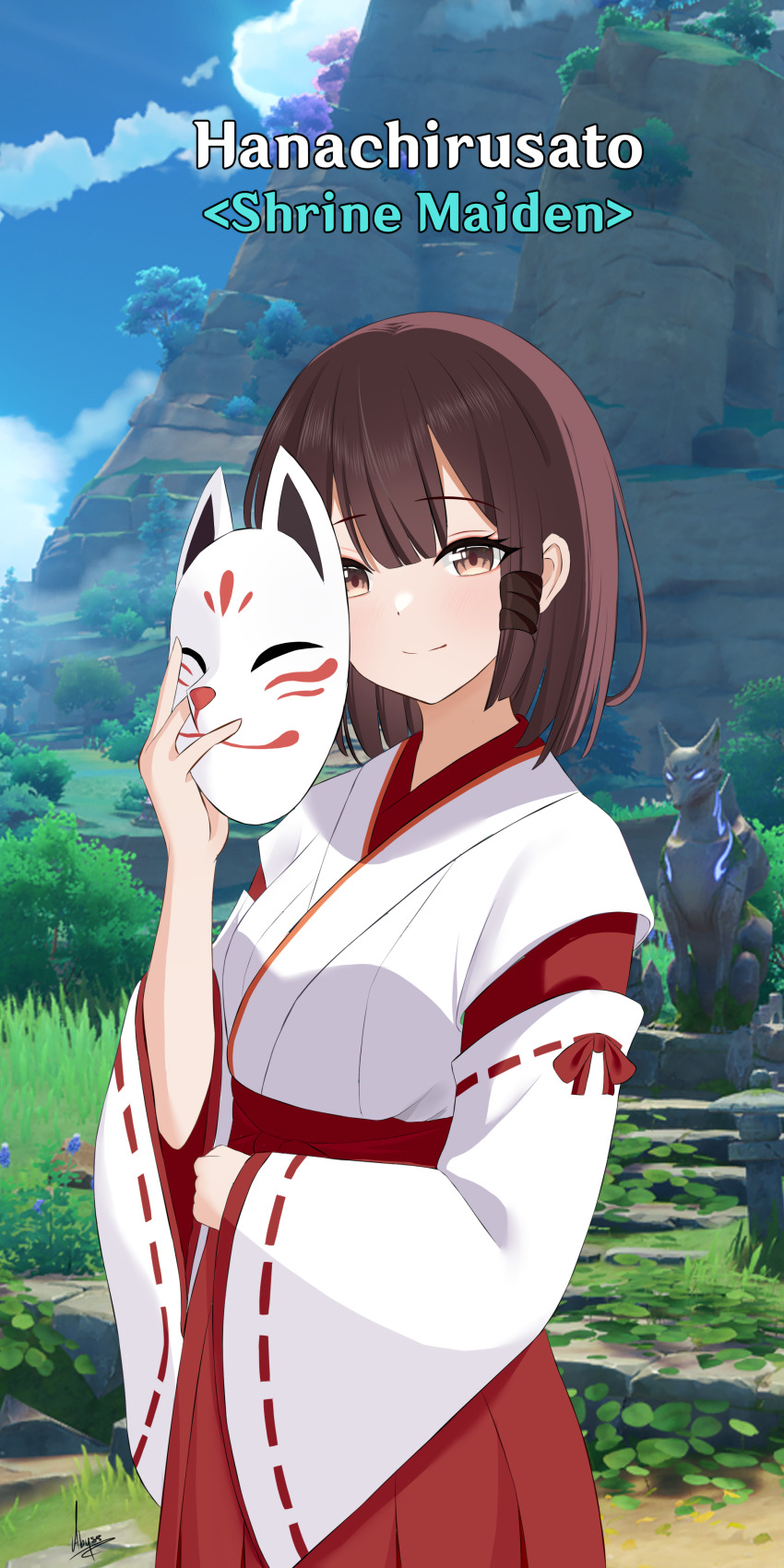 1girl, absurdres, abysssian, brown_hair, fox_mask, game_screenshot_background, genshin_impact, hakama