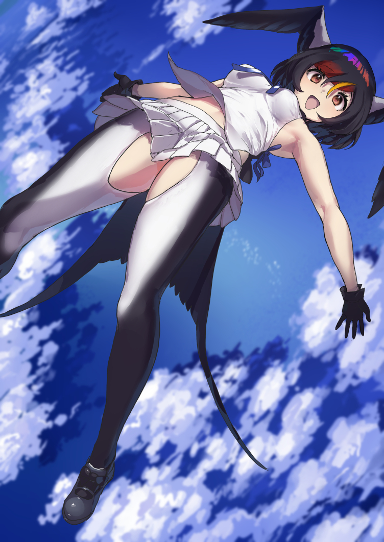 1girl, bare_shoulders, barn_swallow_(kemono_friends), bird_girl, bird_tail, bird_wings, black_gloves, black_hair