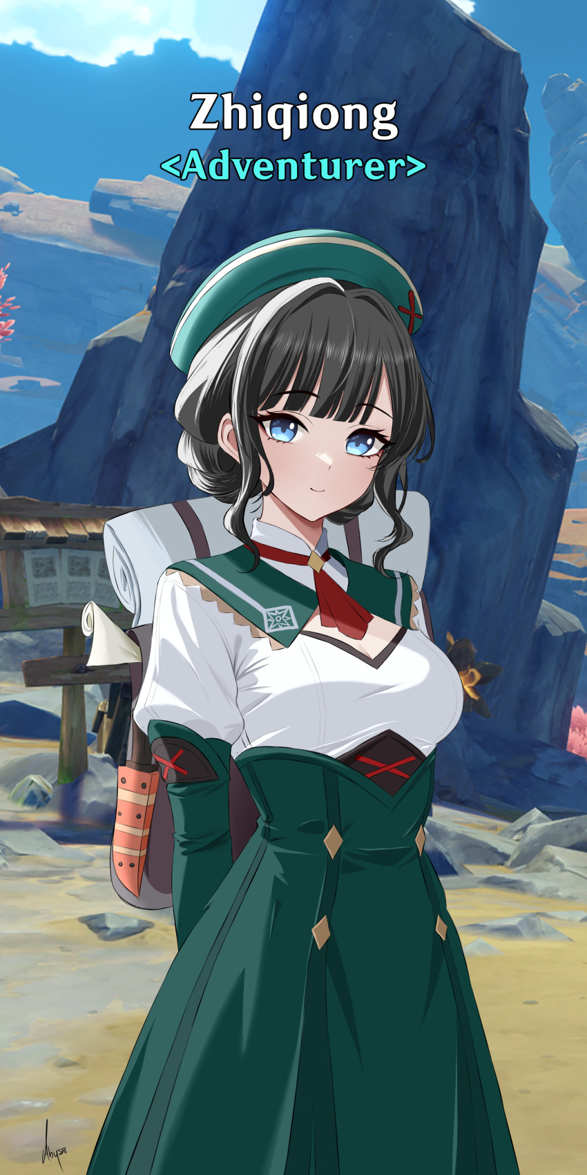 1girl, absurdres, abysssian, backpack, bag, beret, black_hair, blue_eyes