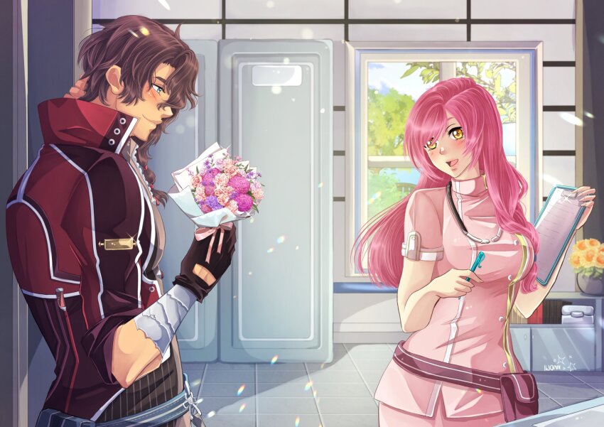 1boy, 1girl, belt_pouch, blue_eyes, bouquet, braid, breasts, brown_hair