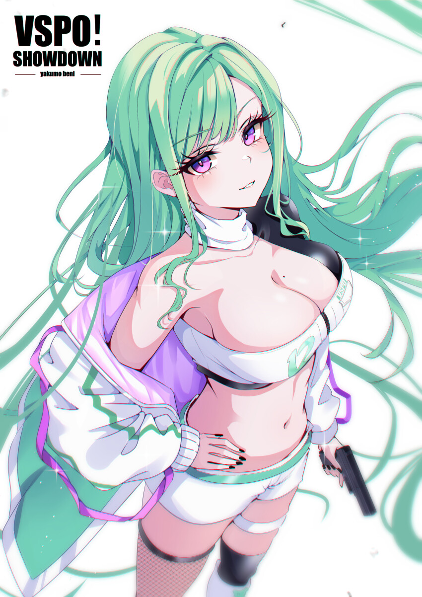 1girl, absurdres, black_nails, blush, breasts, cleavage, commentary, fishnet_thighhighs, fishnets, green_hair, gun, hashtag-only_commentary, highres, holding, holding_gun, holding_weapon, jacket, kiiro_(cocoa080), large_breasts, long_hair, looking_at_viewer, mole, mole_on_breast, navel, off_shoulder, open_clothes, open_jacket, purple_eyes, shorts, single_thighhigh, solo, sparkle, thigh_strap, thighhighs, virtual_youtuber, vspo!, vspo!_showdown, weapon, white_background, white_shorts, yakumo_beni