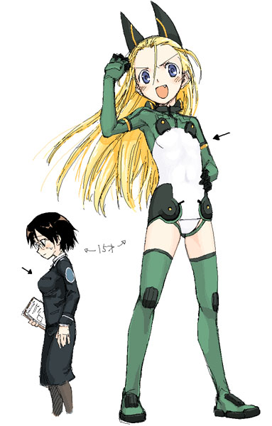 00s, animal_ears, black_hair, blonde_hair, blue_eyes, clipboard, elise_von_dietrich, fang