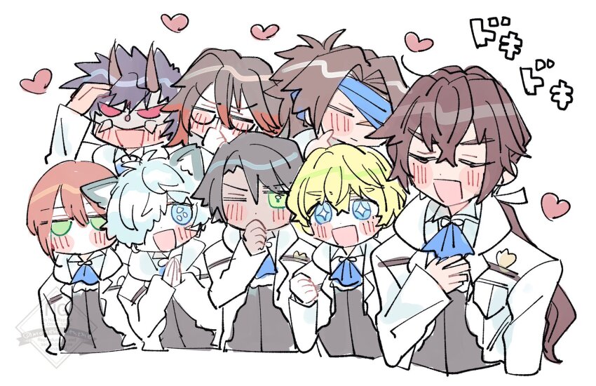 6+boys, alternate_costume, ascot, blonde_hair, blue_ascot, blush, brown_hair, cuilang_(rune_factory)