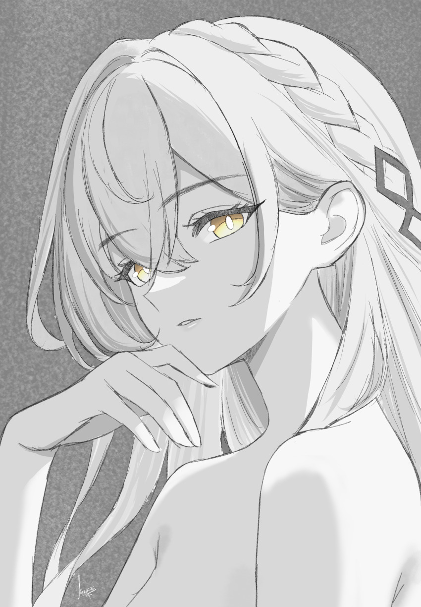 1girl, absurdres, abysssian, artist_name, bare_shoulders, braid, bright_pupils, genshin_impact