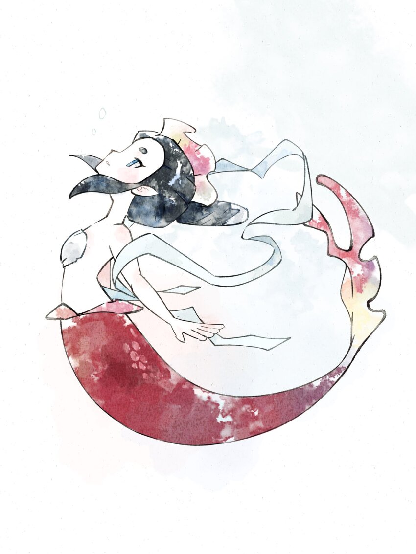 1girl, black_hair, blue_eyes, from_side, hagoromo, highres, hikimayu, mermaid, monster_girl, ningyo_(youkai_watch), pointy_ears, shawl, simple_background, solo, sumisuke0809, white_background, youkai_(youkai_watch), youkai_watch