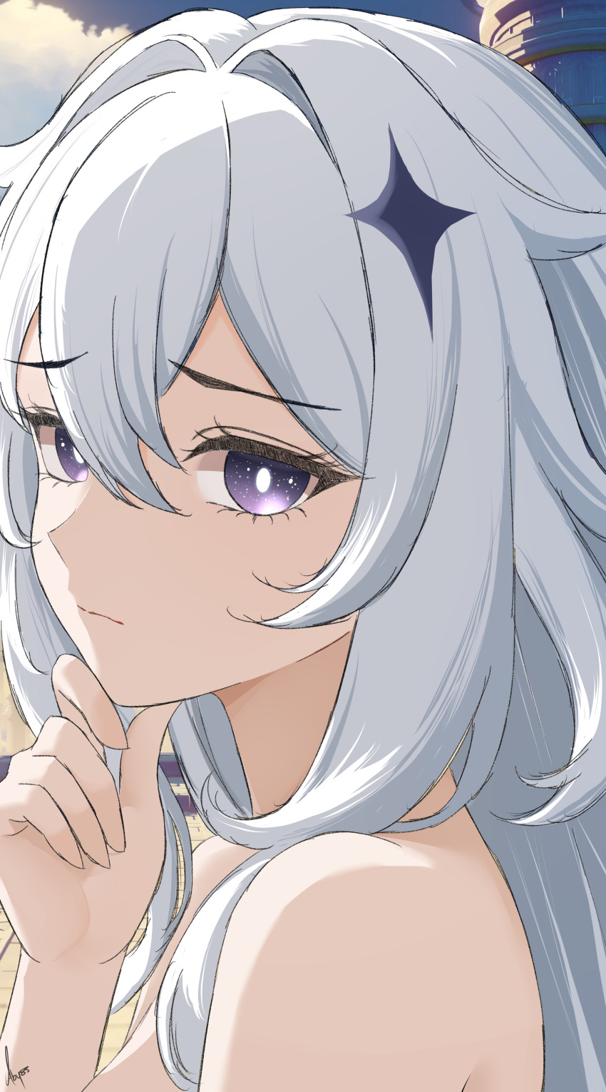 1girl, absurdres, abysssian, aged_up, artist_name, bare_shoulders, bright_pupils, genshin_impact, hair_between_eyes, hair_intakes, hair_ornament, hand_on_own_chin, highres, long_hair, looking_at_viewer, paimon_(genshin_impact), portrait, purple_eyes, signature, solo, upper_body, white_hair, white_pupils