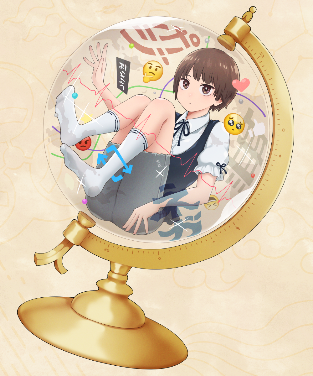 1girl, angry_face_emoji, brown_eyes, brown_hair, closed_mouth, commentary_request, emoji, globe