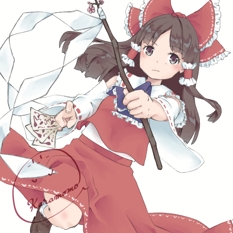 1girl, bare_shoulders, bow, brown_eyes, brown_hair, brown_shoes, closed_mouth, collared_shirt