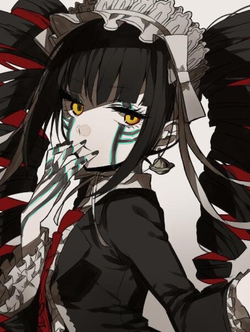 1girl, absurdres, bell, bell_earrings, black_hair, blazer, celestia_ludenberg, cosplay