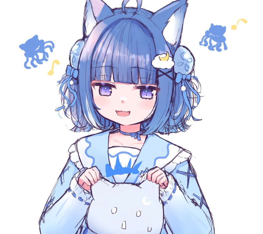 1girl, 22806, :d, ahoge, animal_ears, blue_bow, blue_eyes, blue_hair