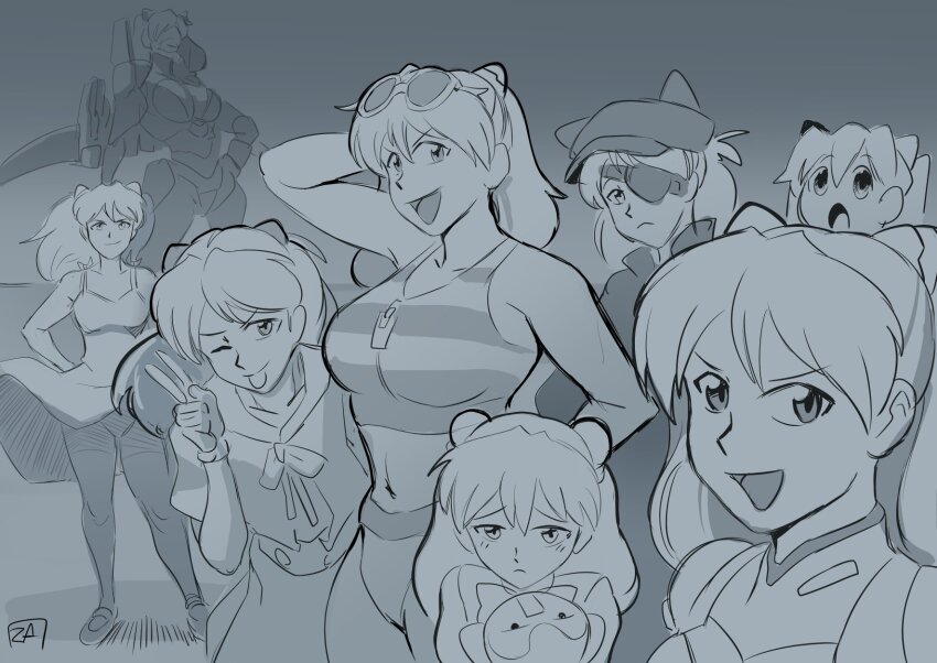 1girl, :o, aged_down, alternate_costume, alternate_form, arm_behind_head, armpits, asuka-eva-synthesis