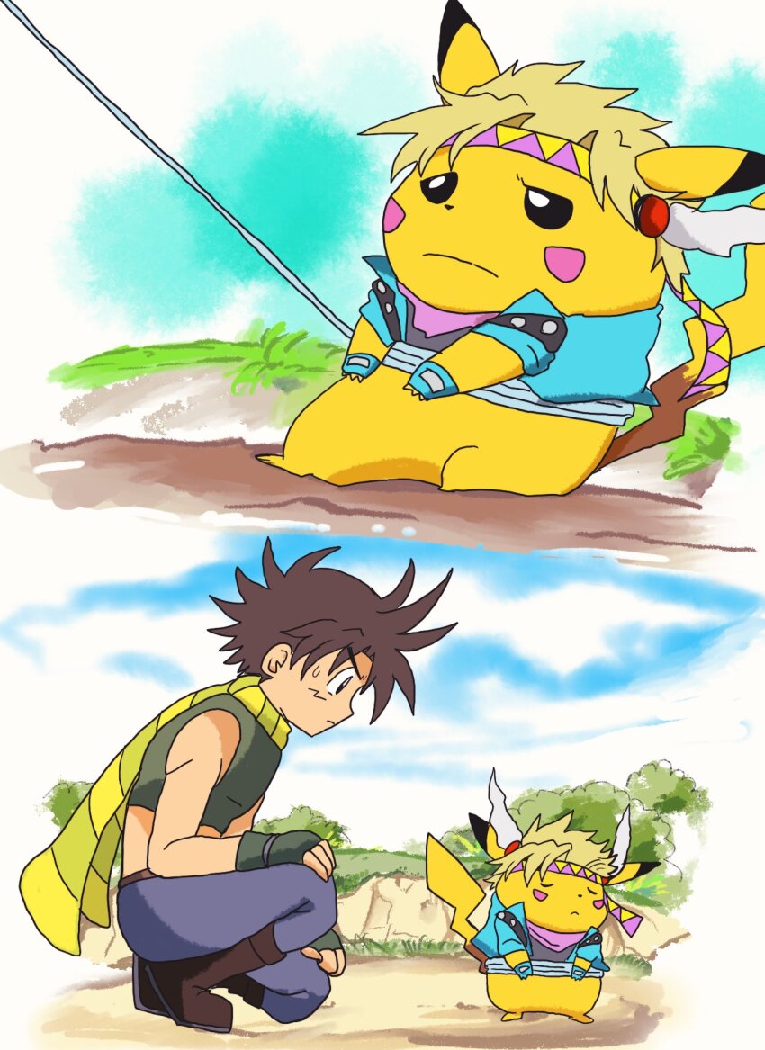 1boy, battle_tendency, blonde_hair, blue_gloves, blue_jacket, blue_pants, boots, brown_boots