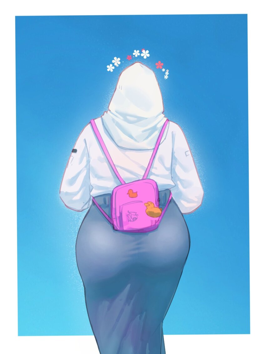 1girl, alv4febrian, ass, ayuu_(alv4febrian), backpack, bag, blue_background, blue_skirt