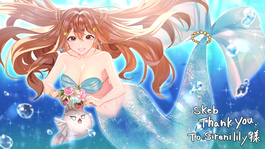 1girl, absurdres, air_bubble, bare_shoulders, bikini, breasts, brown_eyes, brown_hair, bubble, cleavage, collarbone, commentary_request, commission, earrings, fish, flower_wreath, grin, hair_between_eyes, hair_ornament, highres, holding, holding_wreath, jewelry, kabuto_(kabuto17101), large_breasts, long_hair, looking_at_another, mermaid, monster_girl, navel, original, puffer_fish, scales, shell, shell_bikini, sidelocks, skeb_commission, smile, stomach, swimsuit, tail, tail_ornament, teeth, underwater, very_long_hair