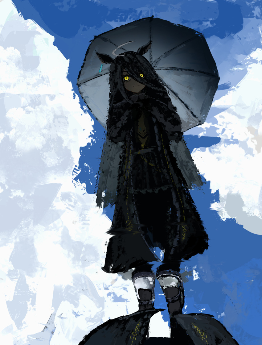 1girl, absurdres, ahoge, animal_ears, black_coat, black_shoes, black_skirt, black_umbrella