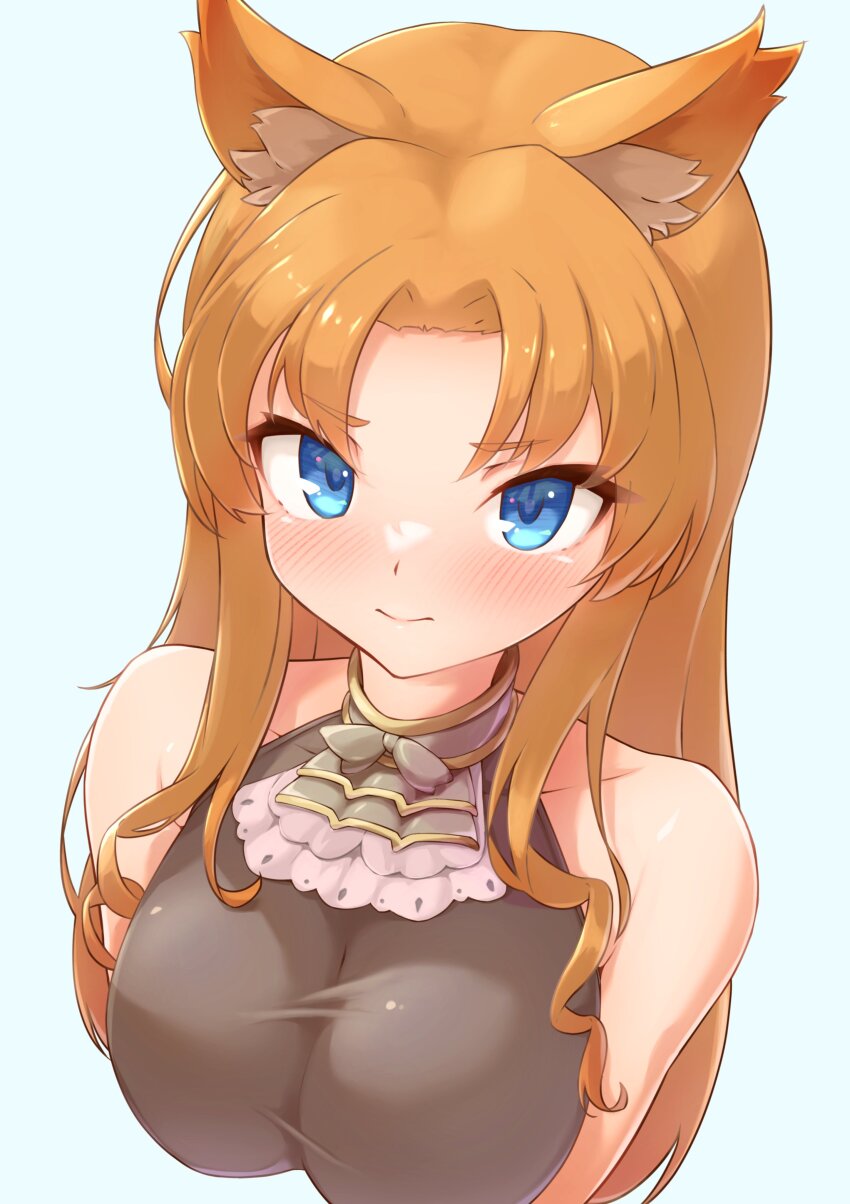 1girl, absurdres, animal_ears, bare_shoulders, black_bodysuit, blonde_hair, blue_background, blue_eyes