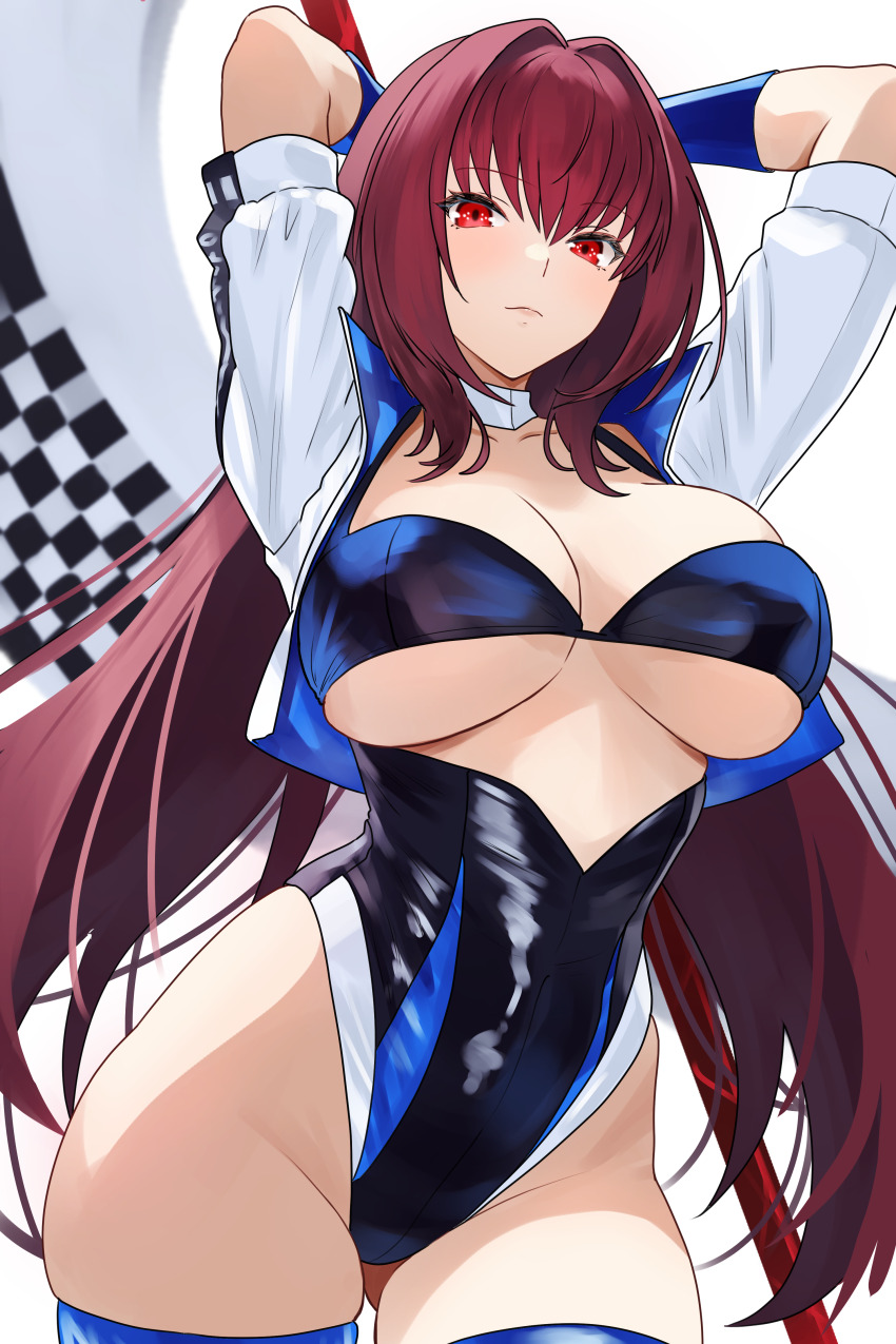 1girl, absurdres, arms_up, bamboo_tac, black_bra, black_leotard, blue_leotard, blue_thighhighs