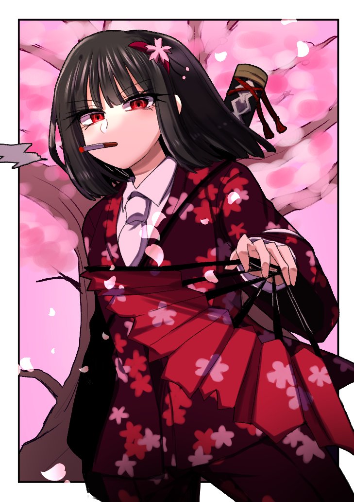 1girl, black_hair, bob_cut, border, cherry_blossom_(e.g.o), cigarette, collared_shirt, floral_print, flower, hair_ornament, hairclip, hand_fan, holding, holding_fan, jacket, limbus_company, long_sleeves, looking_at_viewer, myomyomyo114, necktie, pants, pink_background, pink_flower, project_moon, purple_jacket, purple_pants, red_eyes, ryoshu_(project_moon), shirt, short_hair, simple_background, smoking, solo, standing, upper_body, white_border, white_necktie, white_shirt
