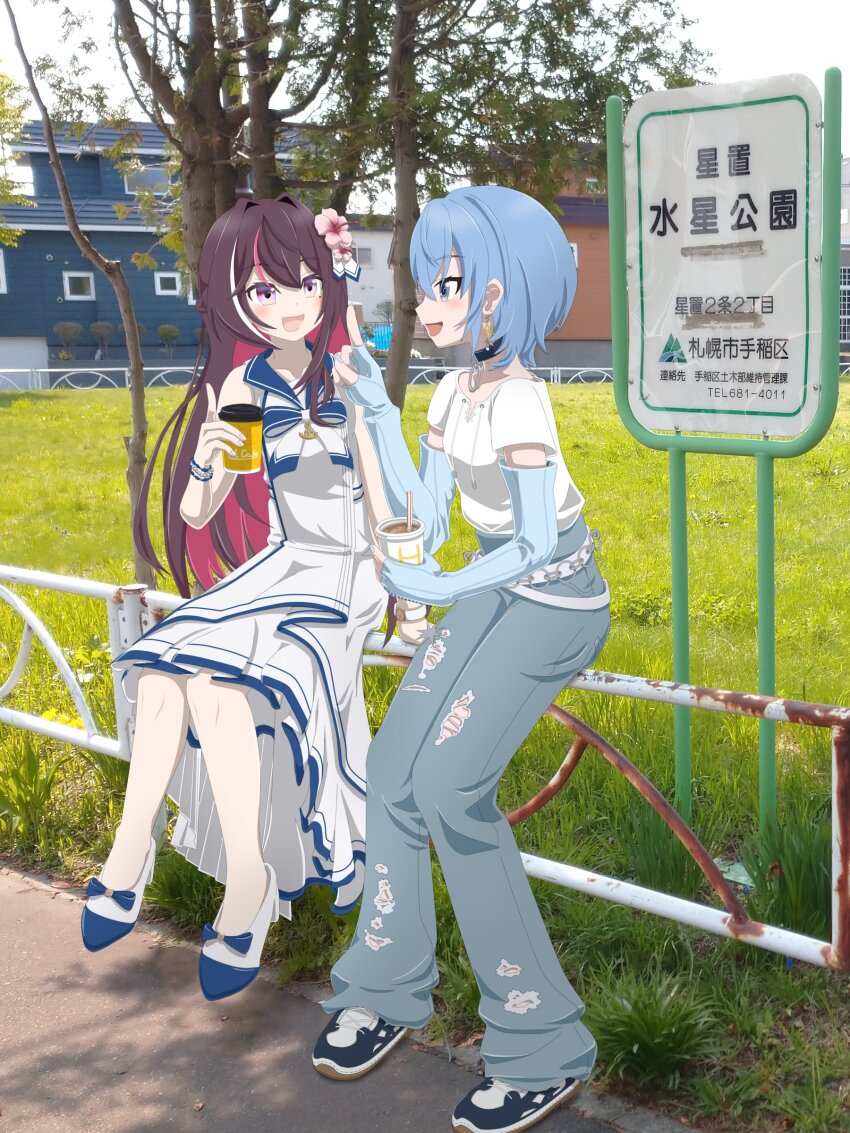 2girls, absurdres, azki_(hololive), azki_(holonatsu_paradise)_(hololive), blue_eyes, blue_gloves, blue_hair, blush