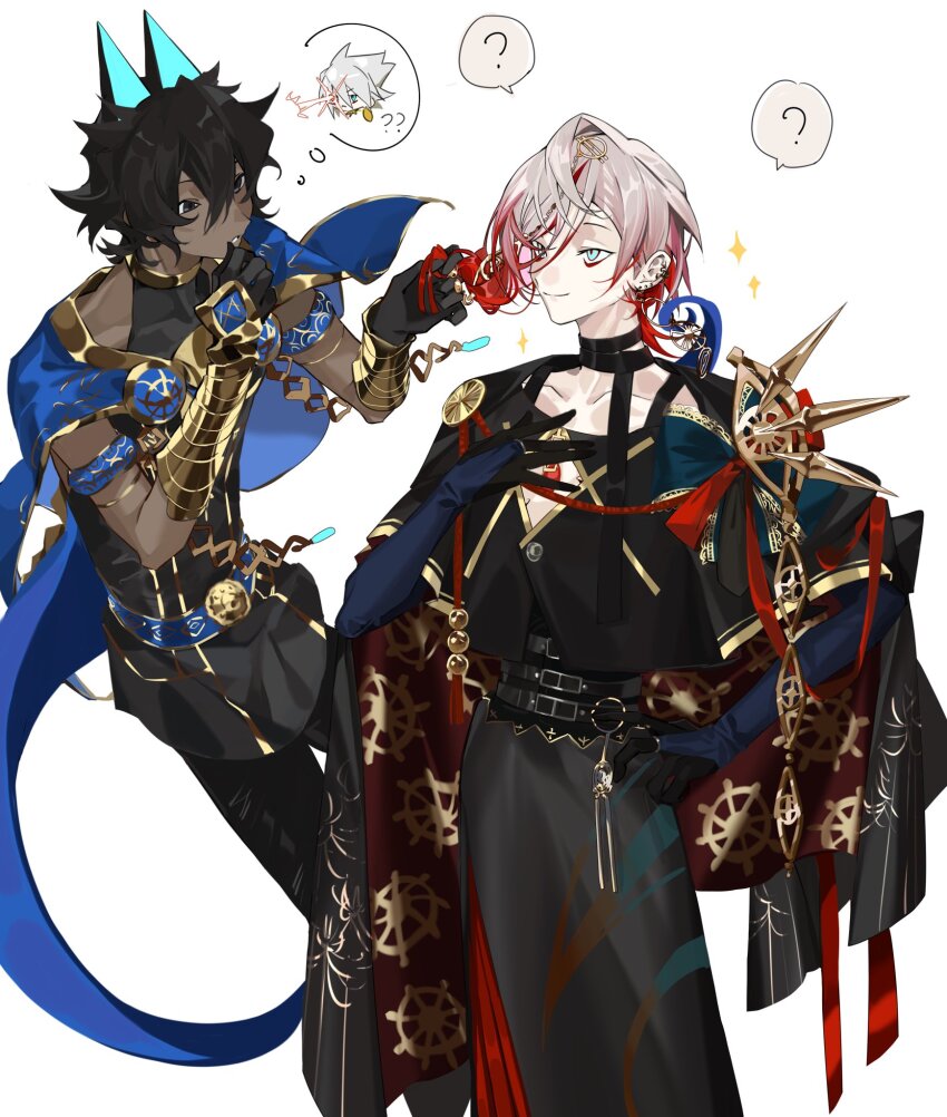 2boys, ?, arjuna_(fate), arjuna_alter_(fate), arjuna_alter_(third_ascension)_(fate), armor, asian_indian_clothes, black_eyes