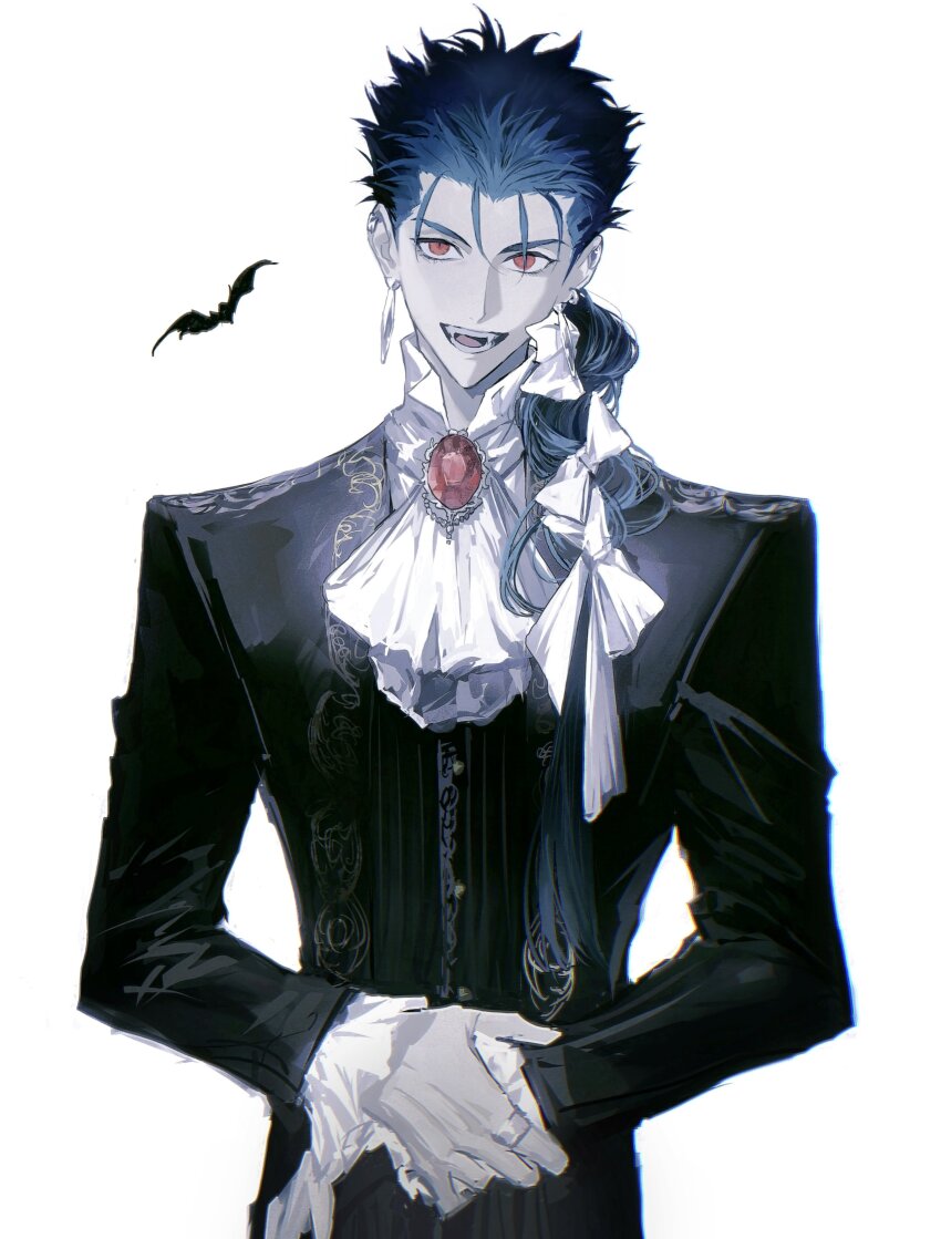 1boy, absurdres, ascot, bat_(animal), blue_hair, braid, brooch, cu_chulainn_(caster)_(fate)