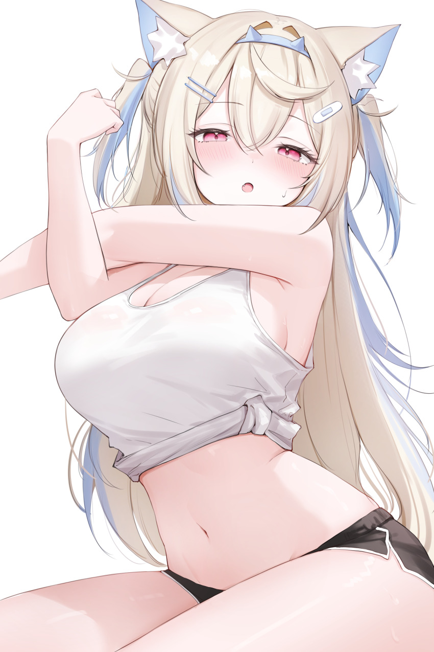 1girl, absurdres, animal_ears, bandaid, bandaid_hair_ornament, bare_shoulders, black_shorts, blonde_hair
