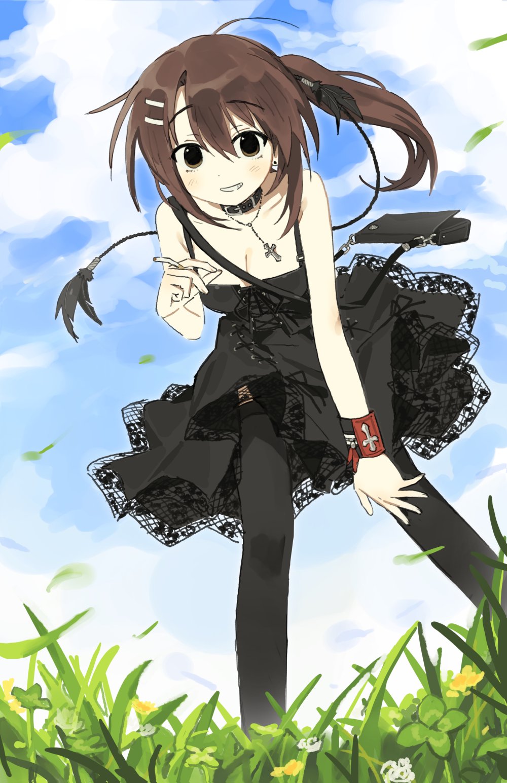 1girl, bag, belt_collar, black_bag, black_dress, black_thighhighs, breasts, brown_eyes