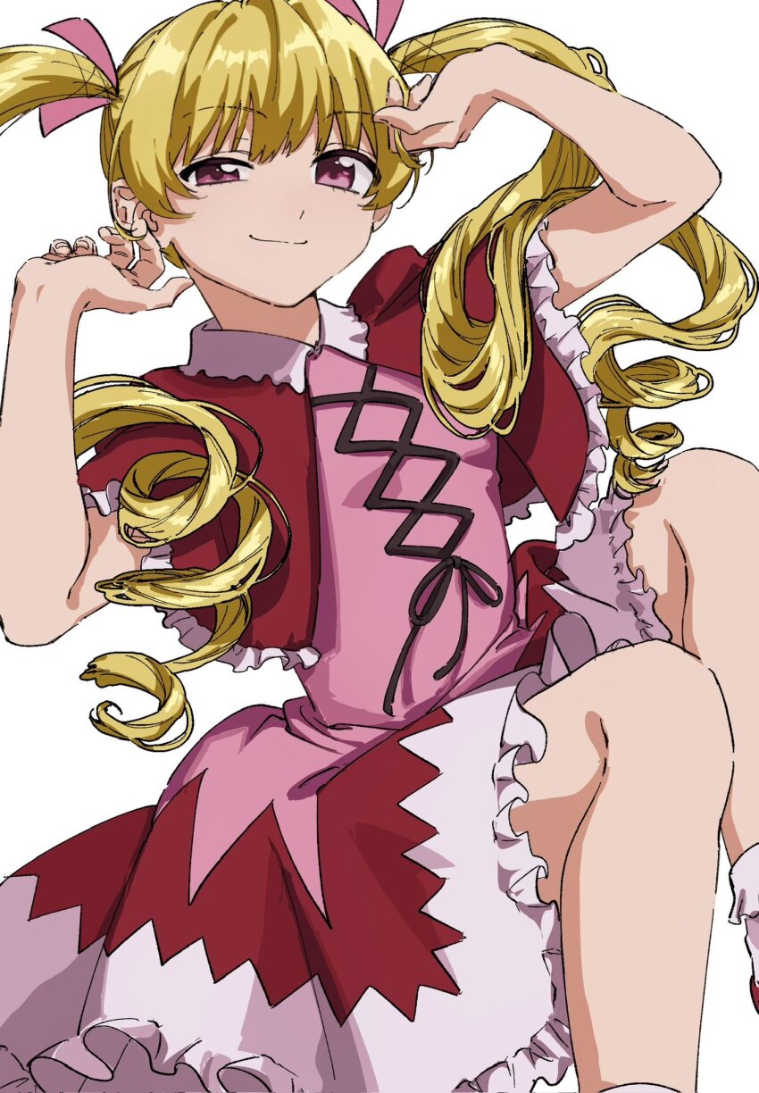 biscuit_krueger, blonde_hair, dress, drill_hair, hands_up, highres, hunter_x_hunter, looking_at_viewer