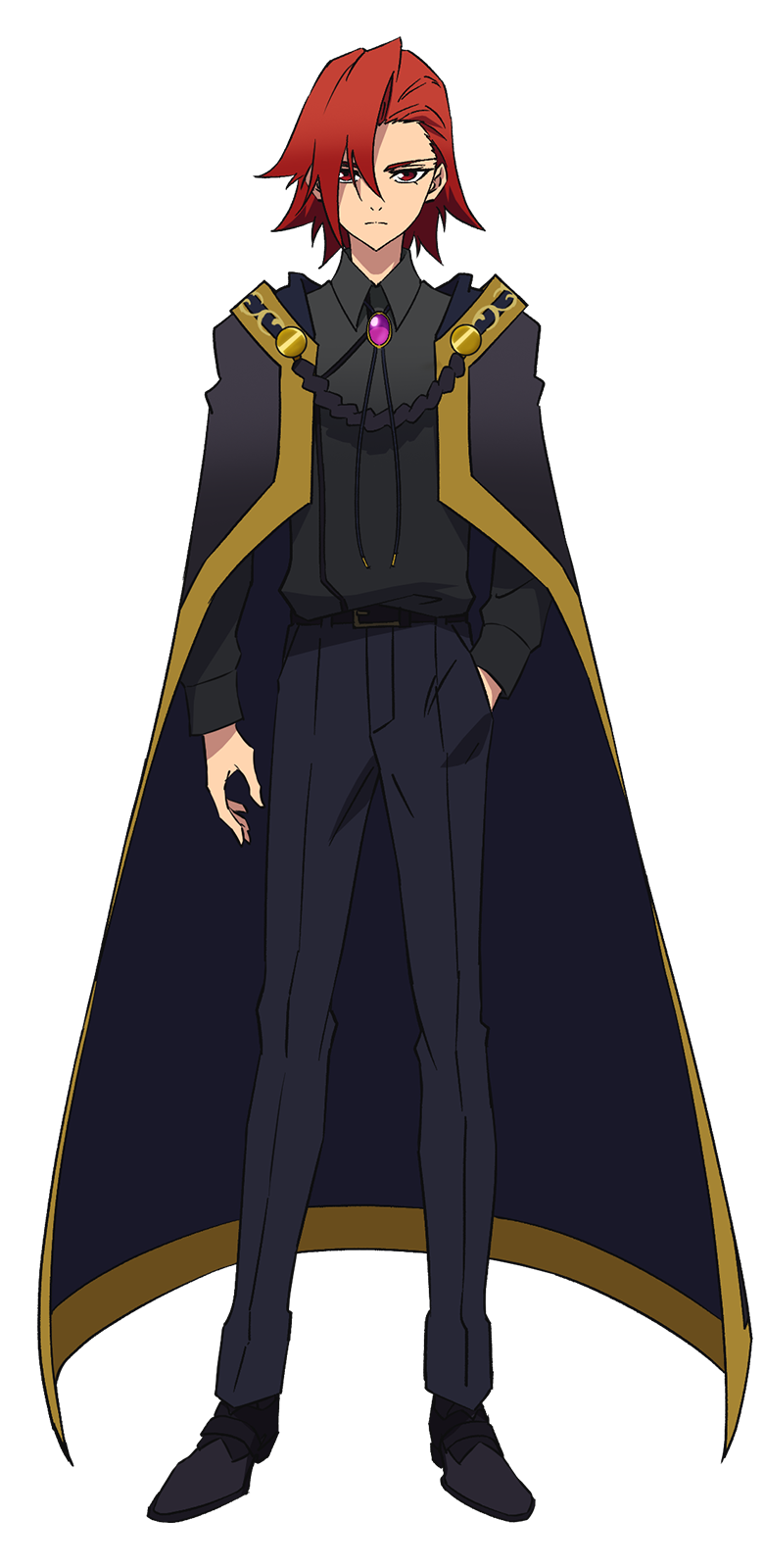 1boy, anime_coloring, belt, black_cloak, black_pants, black_shirt, cloak, closed_mouth
