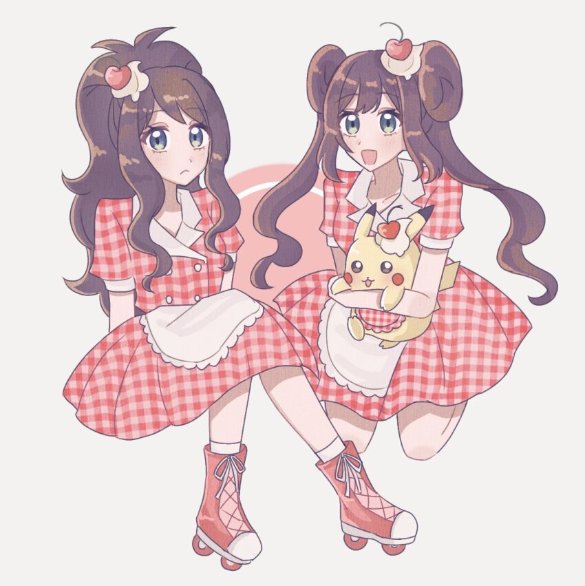 2girls, apron, blue_eyes, blush, breasts, brown_hair, closed_mouth, donut_hair_bun