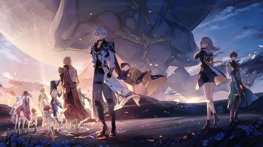 4boys, 6+girls, aglaea_(honkai:_star_rail), anaxa_(honkai:_star_rail), antenna_hair, aqua_hair, arm_tattoo, armor, back_tattoo, black_boots, black_hair, black_hood, black_jacket, black_pants, black_shirt, blonde_hair, blue_eyes, boots, castorice_(honkai:_star_rail), cat_girl, cat_tail, cipher_(honkai:_star_rail), coat, commentary_request, dan_heng_(honkai:_star_rail), dan_heng_(hunt)_(honkai:_star_rail), dress, drill_hair, from_behind, full_body, green_hair, grey_hair, grey_pants, hair_between_eyes, hand_on_own_chin, hand_up, hat, high_heel_boots, high_heels, highres, hitohachan, honkai:_star_rail, honkai_(series), hooded_leotard, hyacine_(honkai:_star_rail), jacket, kephale_(honkai:_star_rail), knee_boots, long_hair, long_sleeves, looking_at_viewer, medium_hair, multiple_boys, multiple_girls, mydei_(honkai:_star_rail), outdoors, pants, pauldrons, phainon_(honkai:_star_rail), pink_hair, purple_hair, red_dress, red_hair, red_hat, red_tattoo, shirt, short_hair, shoulder_armor, single_pauldron, statue, stelle_(honkai:_star_rail), sunlight, sunrise, tail, tattoo, toned, toned_male, trailblazer_(honkai:_star_rail), trianne_(honkai:_star_rail), tribbie_(honkai:_star_rail), trinnon_(honkai:_star_rail), triplets, twin_drills, twintails, very_long_hair, white_coat, white_dress, white_hair, wind, yellow_eyes