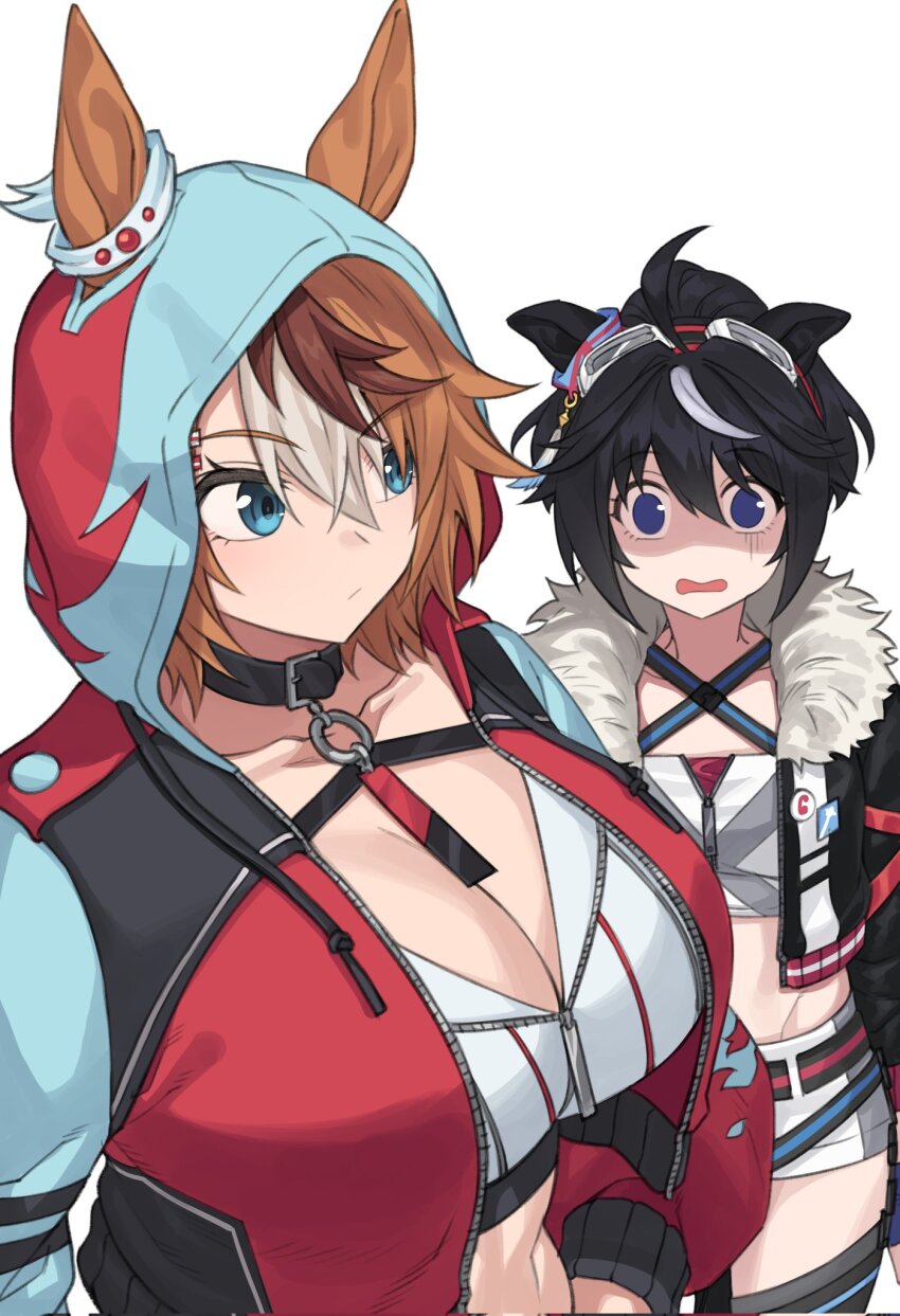 2girls, ahoge, animal_ears, bilingual_commentary, black_collar, black_hair, black_jacket, breast_envy, breasts, brown_hair, cleavage, collar, collarbone, commentary, commentary_request, contrail_(racehorse), criss-cross_halter, dress, ear_ornament, empty_eyes, english_commentary, feathers, flat_chest, fukuro_(maruaru00), fur_trim, genderswap, genderswap_(mtf), groin, hair_between_eyes, halterneck, hands_on_own_hips, highres, hood, hood_up, hooded_jacket, horse_ears, horse_girl, jacket, large_breasts, mixed-language_commentary, multicolored_hair, multiple_girls, open_clothes, open_jacket, original, personification, ponytail, purple_eyes, salios_(racehorse), shaded_face, short_hair, short_ponytail, short_shorts, shorts, sideways_glance, two-tone_hair, umamusume, white_background, white_shorts