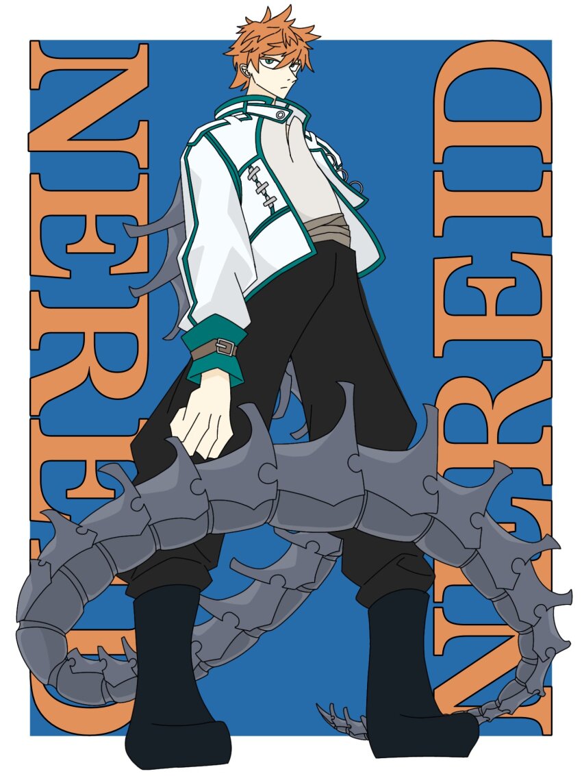 1boy, 200zr_ii, black_pants, boots, dragon_tail, galaxias, hair_between_eyes, high_collar