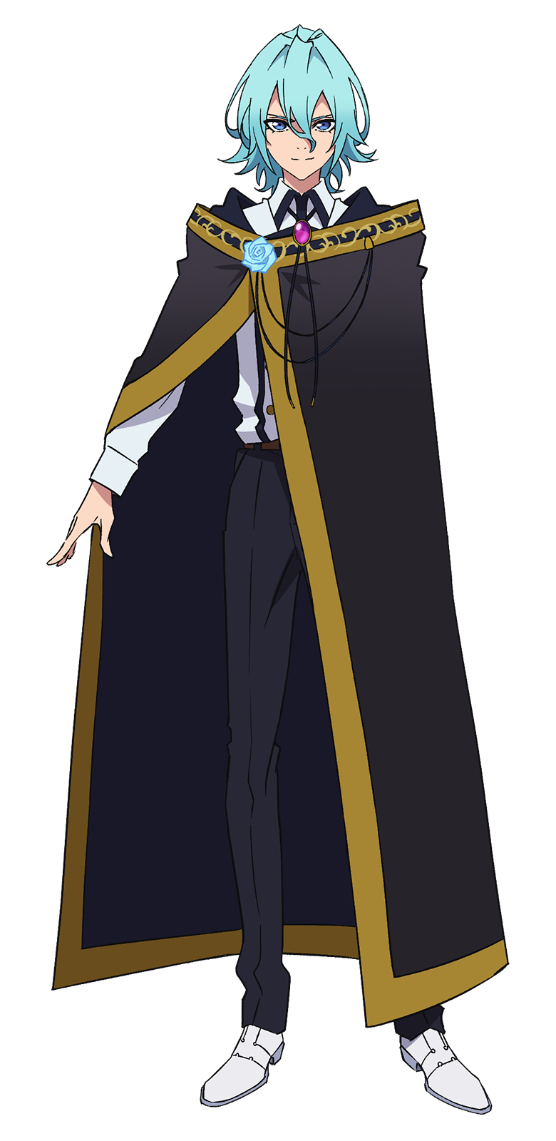 1boy, anime_coloring, aqua_eyes, aqua_hair, belt, black_cloak, black_pants, blue_flower