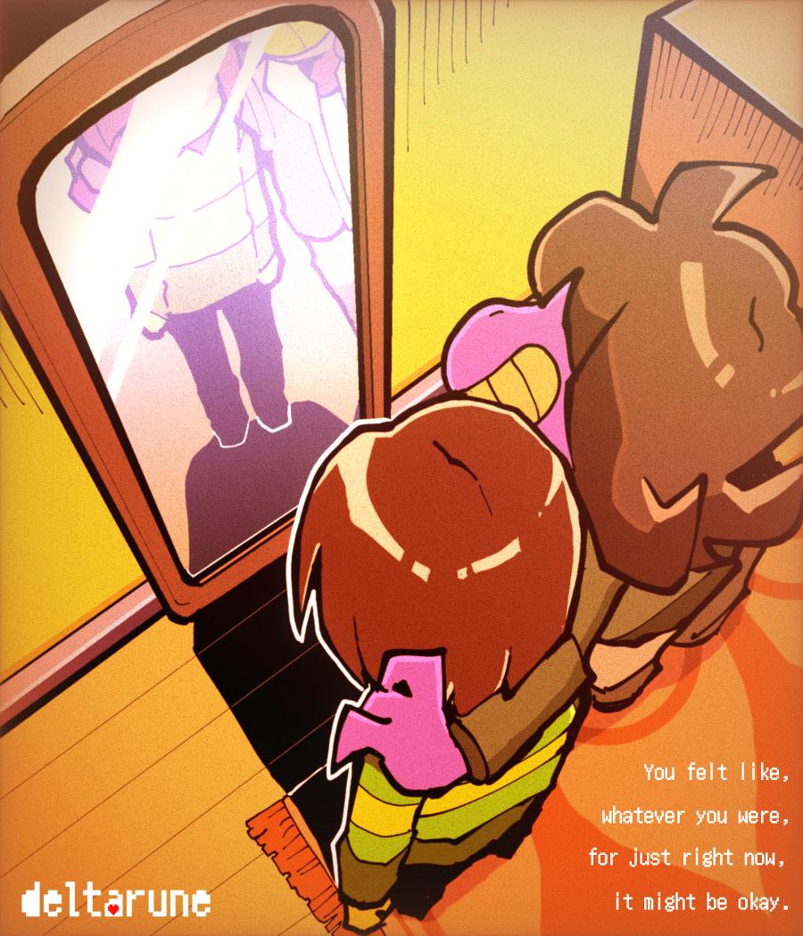 1girl, 1other, brown_hair, colored_skin, colored_teeth, deltarune, furry, furry_female, kris_(deltarune), long_hair, pants, purple_skin, reptile_girl, shio_tou, shirt, smile, susie_(church_clothes)_(deltarune), susie_(deltarune), teeth, utdr_(toby_fox), yellow_skin, yellow_teeth