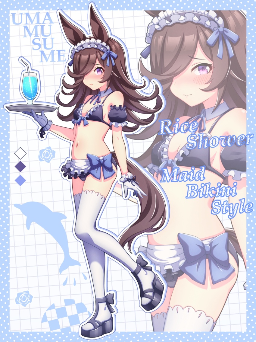 1girl, animal_ears, bikini, black_hair, blush, breasts, commentary, english_text