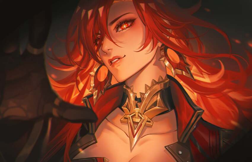 1girl, absurdres, breasts, cleavage, collarbone, crovius, earrings, genshin_impact