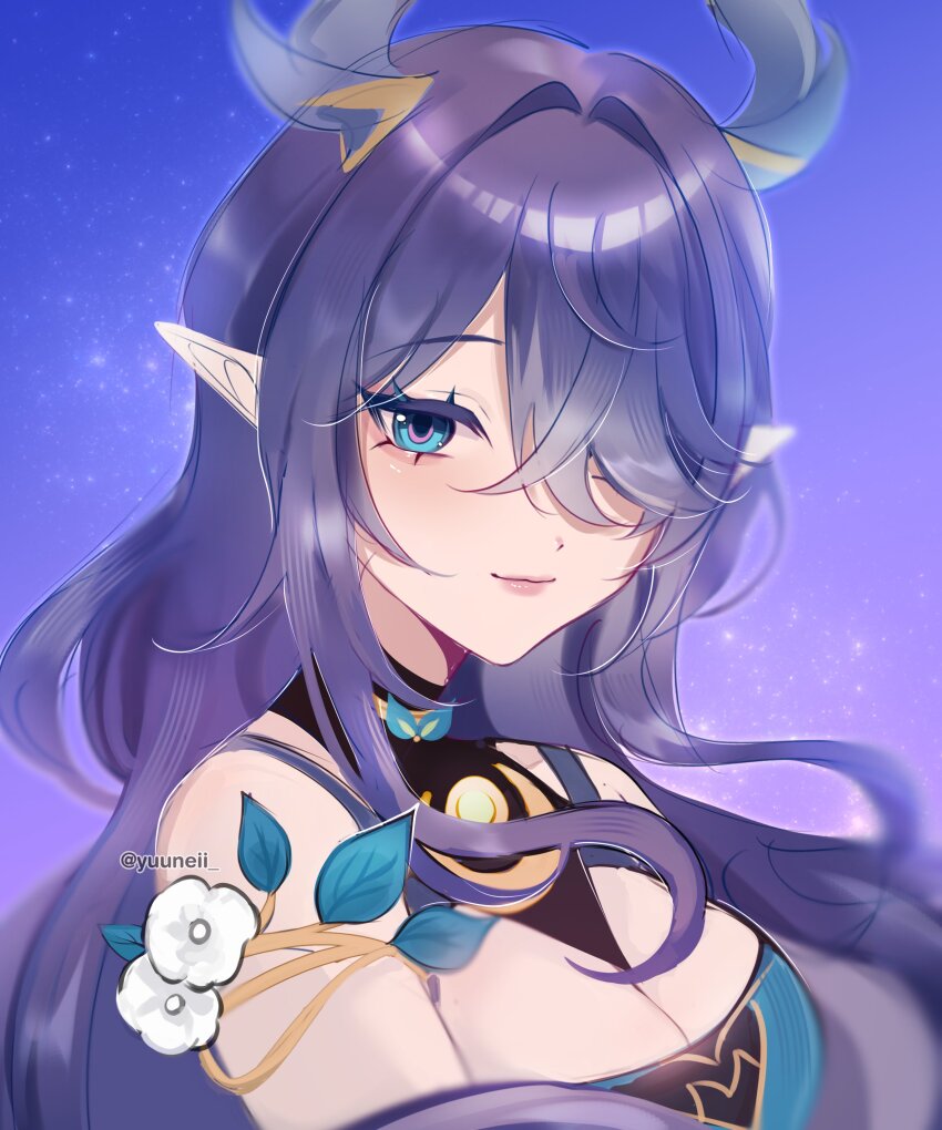 1girl, absurdres, bare_shoulders, blue_background, blue_eyes, breasts, cleavage, genshin_impact, gradient_background, hair_intakes, hair_over_one_eye, highres, horns, large_breasts, lauma_(genshin_impact), long_hair, looking_at_viewer, nico_(yuuneii), purple_background, purple_hair, smile, solo, upper_body, very_long_hair