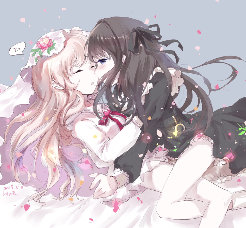 2girls, arcaea, belt, black_belt, black_dress, black_ribbon, blonde_hair, blue_eyes