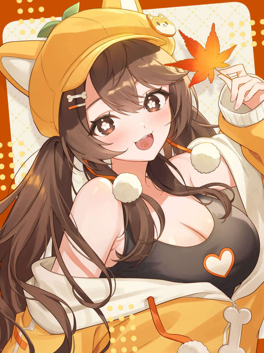 1girl, :3, absurdres, aki_orange, animal_ear_headwear, arm_at_side, arm_up, armpit_crease, bare_shoulders, black_sports_bra, bone_hair_ornament, border, breasts, bright_pupils, brown_border, brown_eyes, brown_hair, cleavage, double-parted_bangs, drawstring, fake_animal_ears, fangs, flower-shaped_pupils, hair_ornament, happy, hat, hat_ornament, heart, heart_print, highres, holding, holding_leaf, hood, hoodie, indie_virtual_youtuber, large_breasts, leaf, long_hair, long_sleeves, looking_at_viewer, lopsided_border, maple_leaf, newsboy_cap, nun_9, off_shoulder, open_mouth, orange_hat, orange_hoodie, outside_border, partially_unzipped, pom_pom_(clothes), second-party_source, shiba_inu, smile, solo, sports_bra, symbol-shaped_pupils, teeth, twintails, upper_body, upper_teeth_only, very_long_hair, white_background, white_pupils, zipper_pull_tab