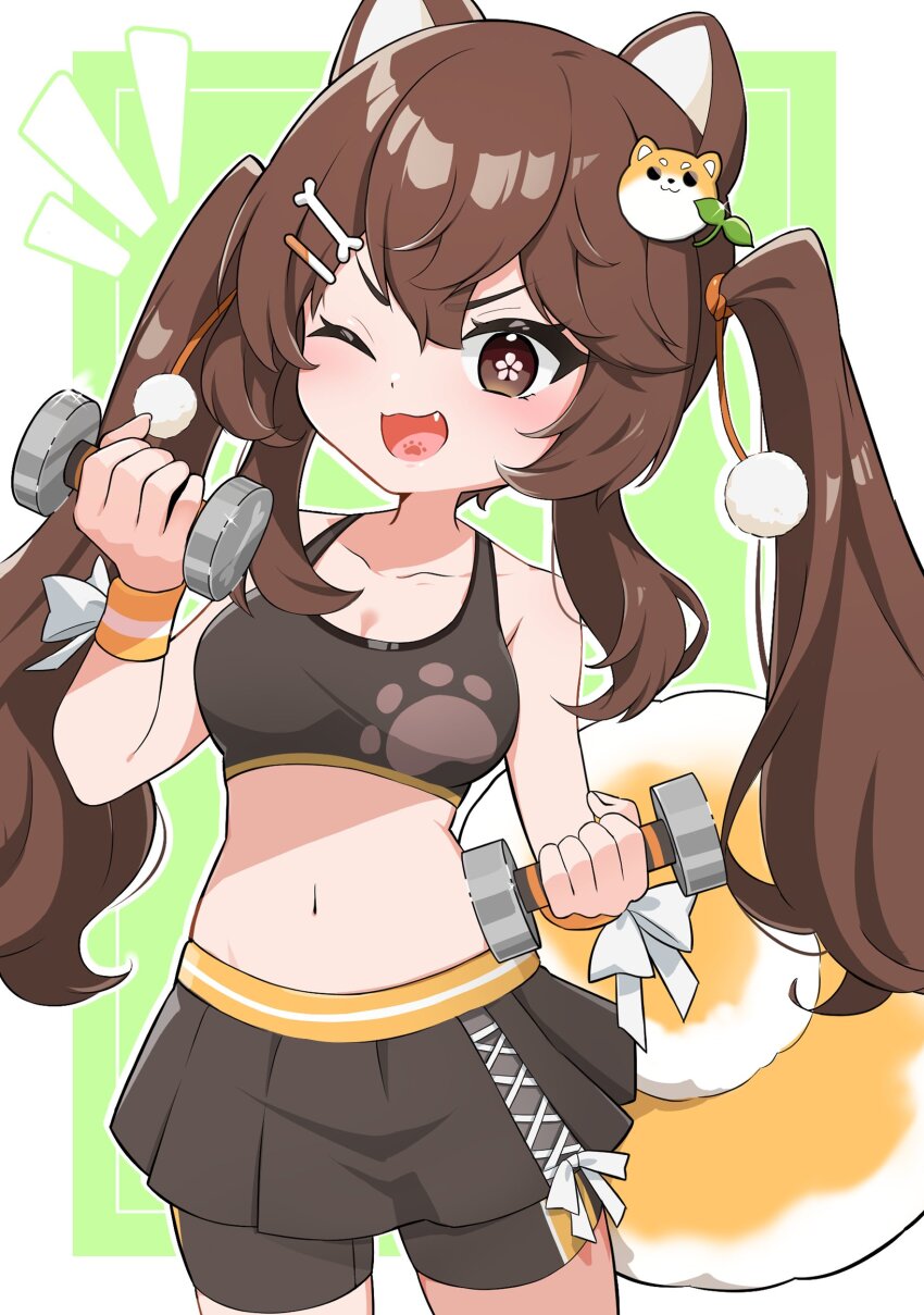 1girl, ;3, absurdres, aki_orange, animal_hair_ornament, black_shorts, black_skirt, black_sports_bra