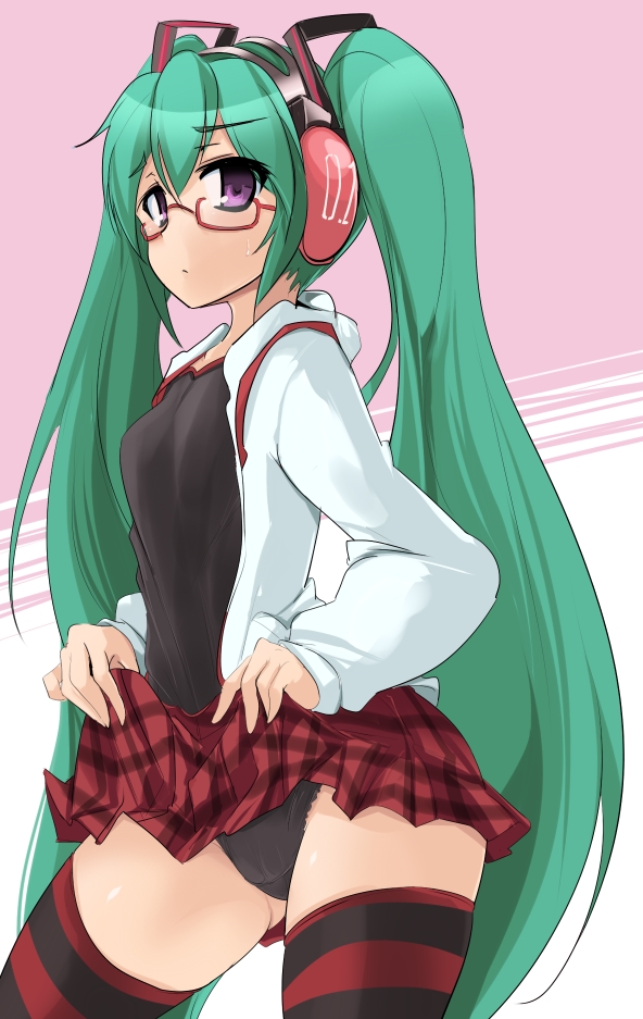 1girl, aqua_hair, bad_id, bad_pixiv_id, bespectacled, clothes_lift, female_focus, glasses, hatsune_miku, hatsune_miku_(natural), headphones, kocchi_muite_baby_(vocaloid), long_hair, momio, panties, plaid, project_diva, project_diva_(series), project_diva_2nd, purple_eyes, skirt, skirt_lift, solo, striped_clothes, striped_thighhighs, thighhighs, twintails, underwear, upskirt, vocaloid