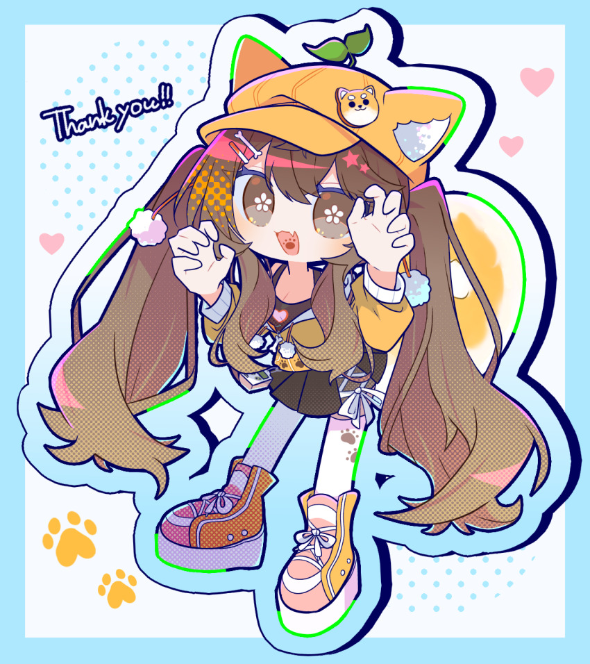 1girl, :3, aki_orange, animal_ear_headwear, basashimeshi, black_skirt, black_tank_top, blue_border