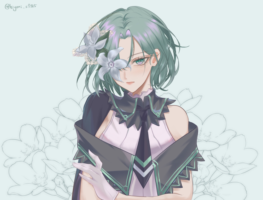 1girl, arcaea, black_cape, black_necktie, cape, closed_mouth, commentary_request, contrast_collar