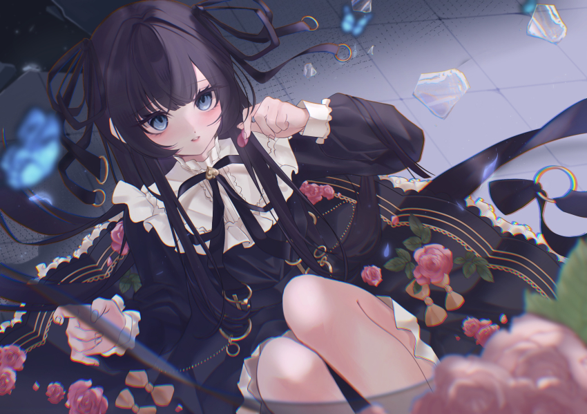 1girl, arcaea, black_dress, black_hair, black_ribbon, blue_butterfly, blue_eyes, blush