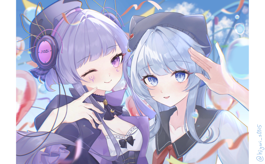 2girls, absurdres, arcaea, beret, black_choker, black_corset, black_hat, blue_eyes
